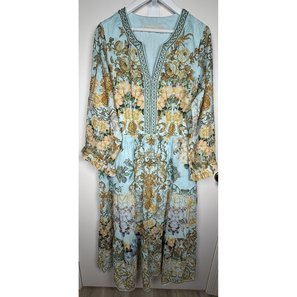 Soft Surroundings Plus Size 1X Light Blue Floral Beaded Tiered Formal Maxi Dress - Picture 3 of 12